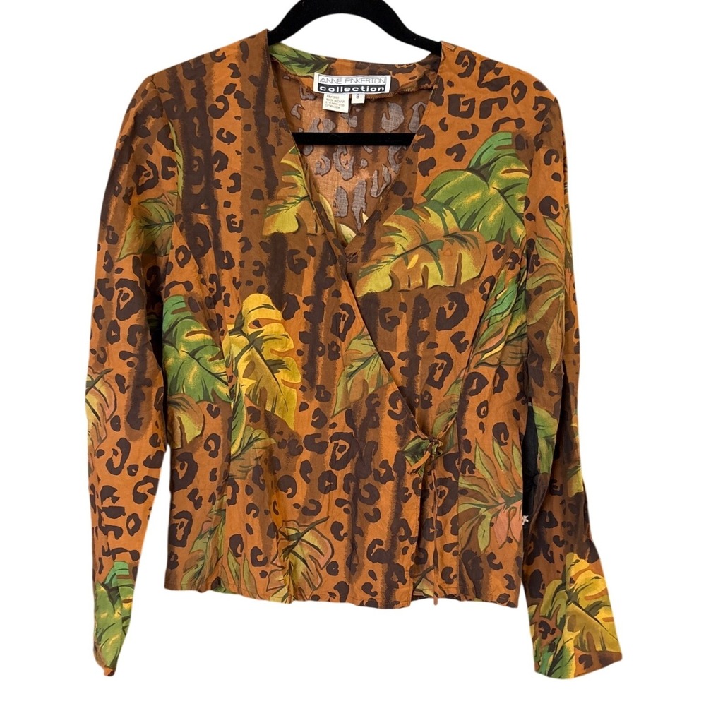 Anne Pinkerton Collection Wrap Blouse Womens Brown‎ Leopard Tropical Silk SIZE 8